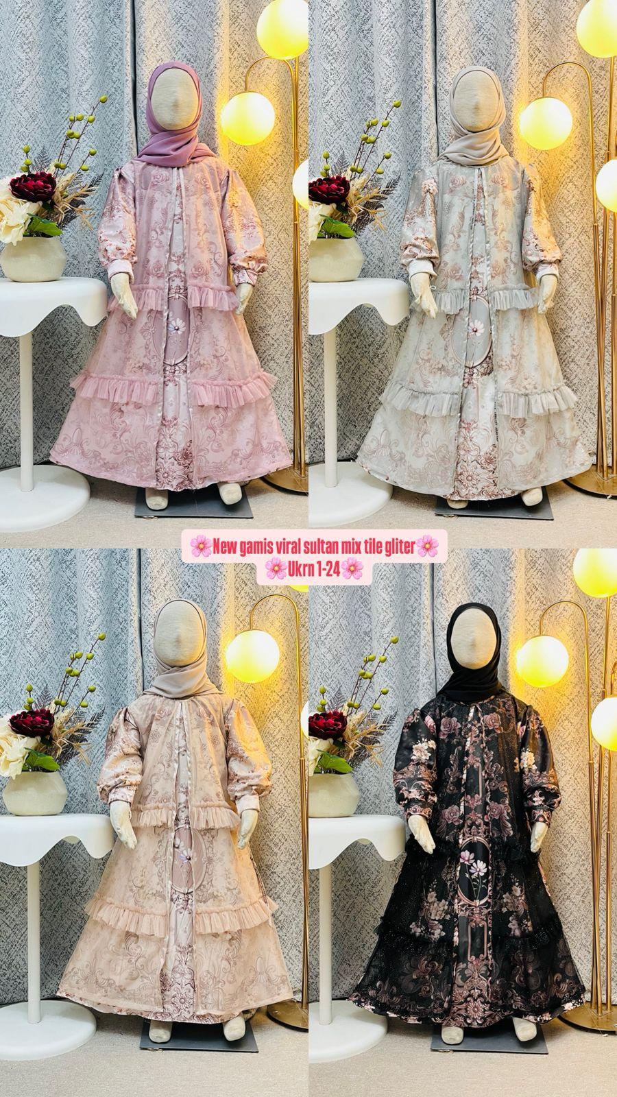 MW-SHOP - Gamis Sultan Raya Mix Tile Gliter Anak Perempuan Usia 3 - 10 Tahun / Baju Gamis Viral Anak Free Hijab - Pakaian Muslimah Anak Motif Sultan Kekinian