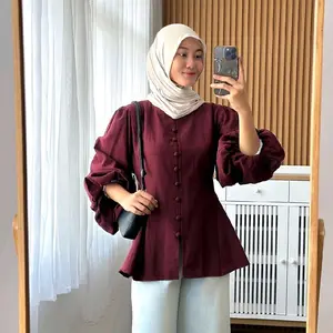 Havana Blouse Wanita Korea Hijab Elegant Style Atasan Kemeja Wanita Formal Simple Kemeja Body Fit Wanita Blouse Polos Linen Wanita Kekinian Tangan Panjang Balon Kancing Aktif Busui Friendly Nyaman Korean Lucu