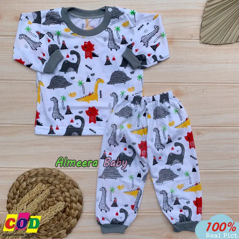 Setelan Baju Bayi Piyama Bayi Lengan Panjang Motif Dino Usia 3-12 Bulan Nanaku Baby