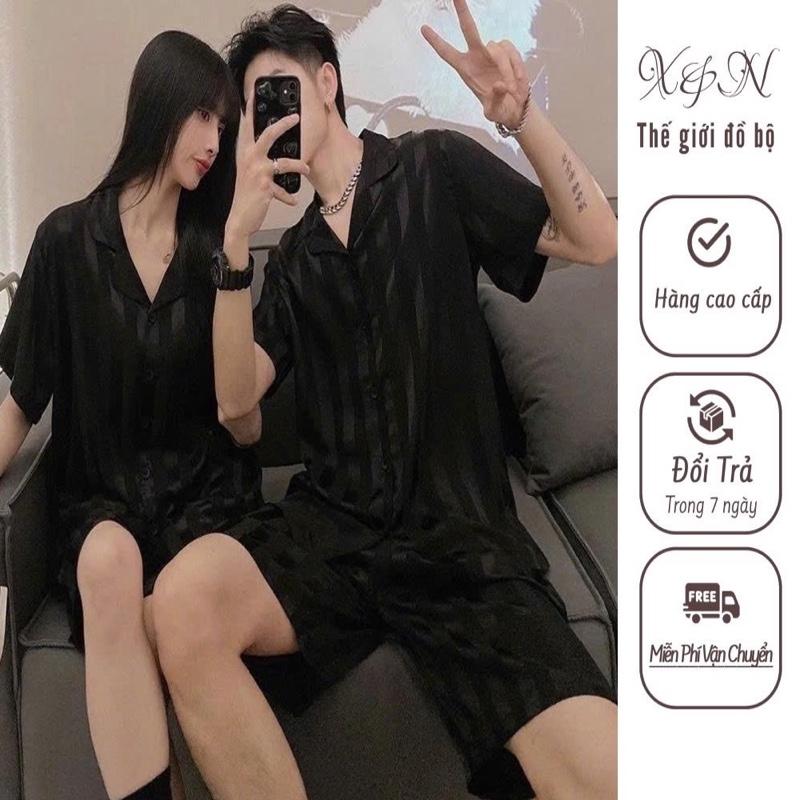 Bộ  Ngủ Đùi Pijama Nam Nữ Đen Sọc Chất Lụa Cao Cấp Nhung