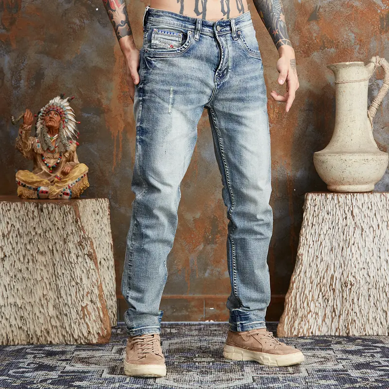 Mã số 859, Quần Jean Nam, Dáng Ôm Vừa Vặn, Denim Co Giãn, Màu Xanh Wash Bạc, Phong Cách Bụi Nhẹ Nhàng 5