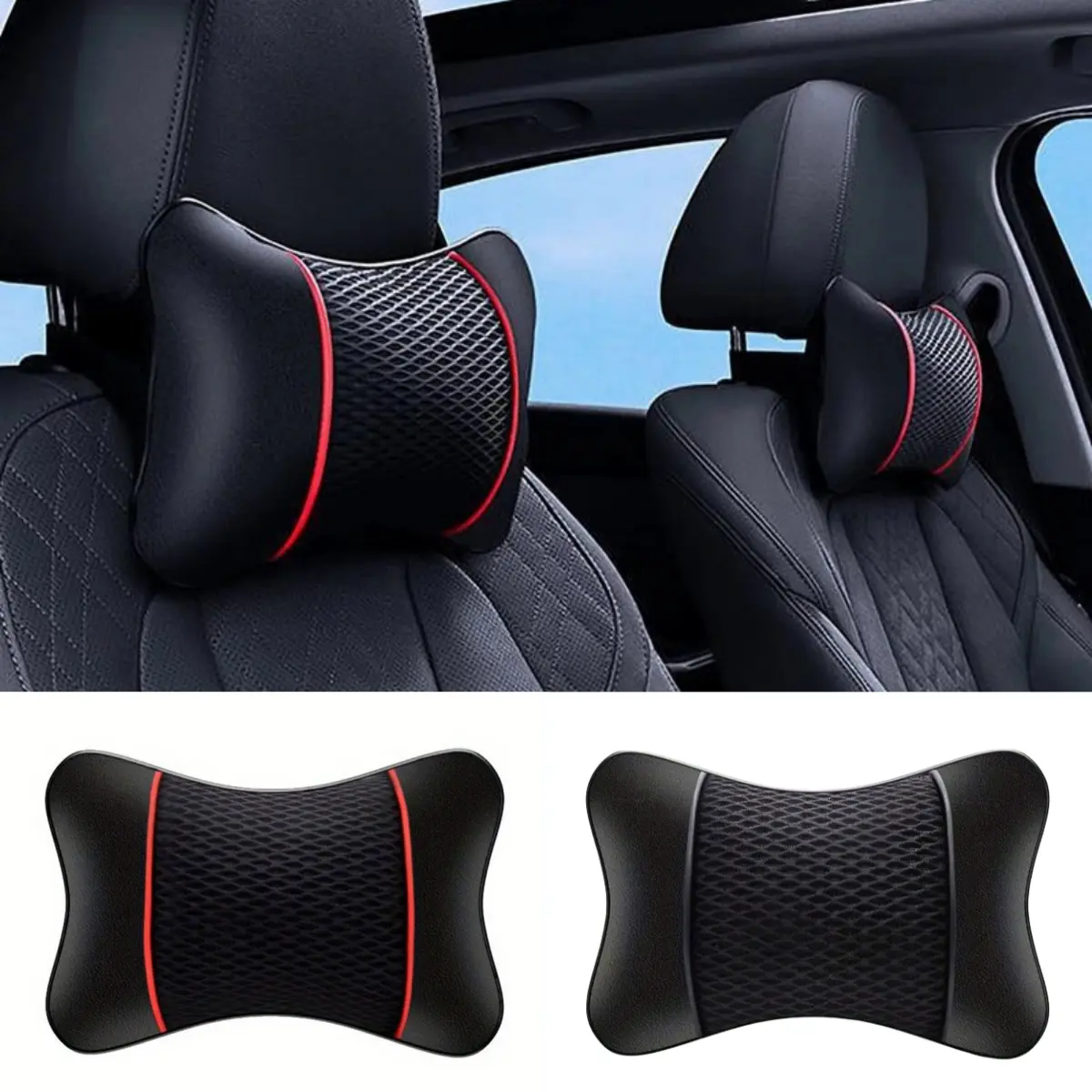 Bantal Kereta, Kulit PU Dikait, Sandaran Kepala dan Rehat Leher Kusyen, Aksesori Tempat Duduk Sokongan, Auto Hitam, Bantal Keselamatan, Hiasan Universal