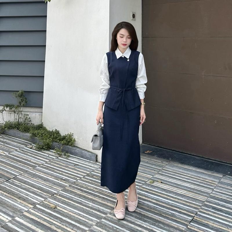 Set Thiết Kế Gile Phối Túi Chân Váy Bút Chì Hai Lớp Dáng Dài Tiểu Thư