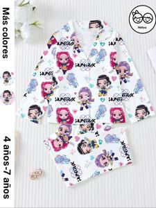 Pijama para niños de tela retardante al fuego con estampado de Cazador de demonios K-Pop, ropa de dormir casual y linda para fiestas, top de manga larga con botones y pantalones holgados
