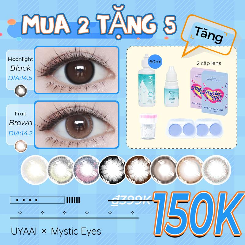 mua 2 tặng 5 Kính áp tròng Mysticeyes 0 độ DIA 14.0-14.5mm; 2 cặp lens + 1 nước ngâm lens 60ml + 1 nước nhỏ mắt + 1 máy rửa lens + 2 khay đựng lens