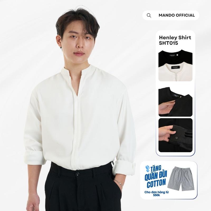 Áo Sơ Mi Nam MANDO Cổ Tàu V-Neck Không Cúc Chất Liệu Vải Chéo Hàn Hai Màu Đen Trắng SHT015 - Thương hiệu thời trang nam theo phong cách Hàn Quốc - Menswear