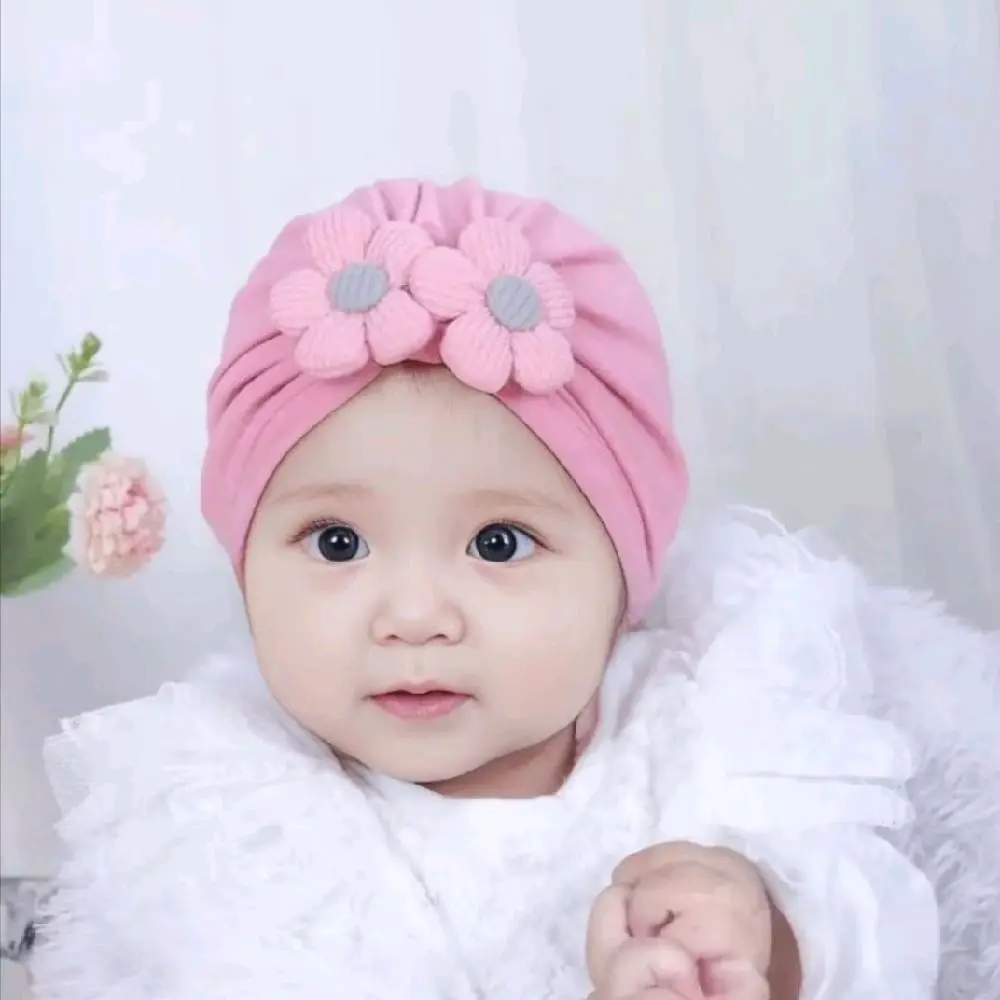Turban Bayi Perempuan dengan Motif Bunga topi set kupluk bepergian topi krem