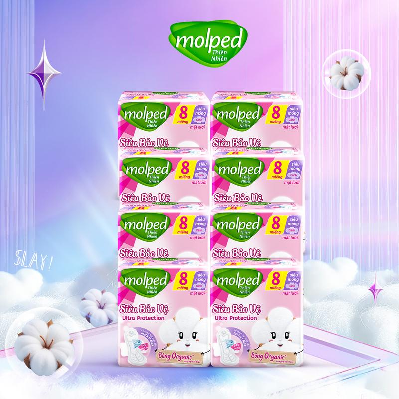   Mua 1 Tặng Bộ Chiết Mỹ Phẩm - Mua 2 Tặng Thỏ Bông  Combo 8 gói băng vệ sinh Molped thiên nhiên siêu bảo vệ siêu mỏng có cánh 8x8x6  GÓI 8 MIẾNG  cho Nữ 