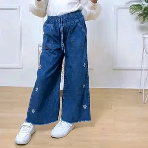 celana kulot jeans bordir bunga panjang anak perempuan gambar motiv pita mixu bawahan celana loose lepis usia 4 -9 tahun Fashion Motif