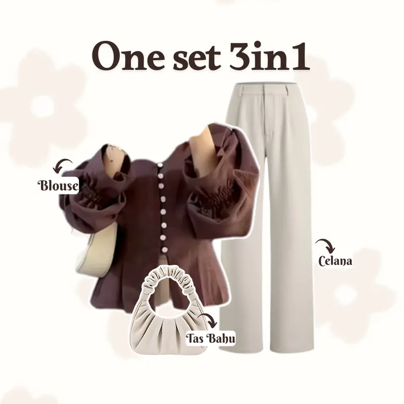 one set 3in1 Korean Style ( Blouse Lengan Balon + Celana Ivory + Tas Bahu + Hijab aesthetic DM053N Basic Fit Katun Muslim Panjang Setelan Wanita Baju Casual Kerja 3