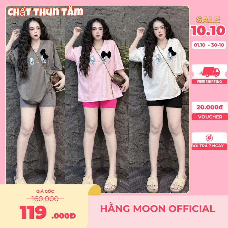 Set Hot Bộ Đùi Nữ Bigsize Chất TĂM LẠNH Áo Cổ Tim In HÌnh MẮT MÈO Nơ Đen Hot Trend