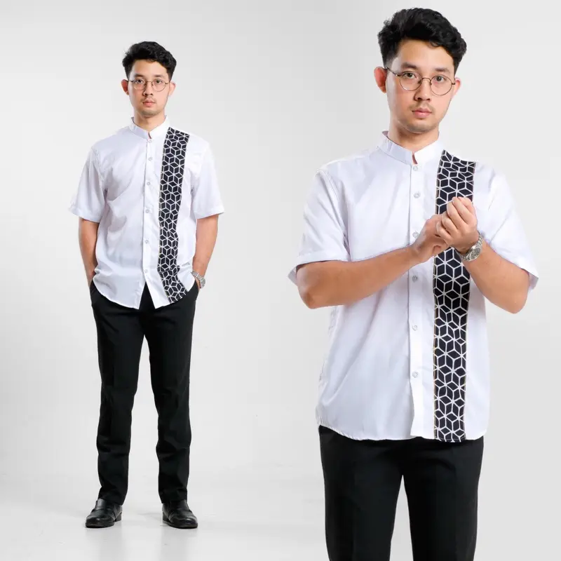 Baju Koko Batik Pria Dewasa Katun Kemeja Kantor Kombinasi Motif Modern Lengan Pendek Kerah Mandarin Casual Muslim 0