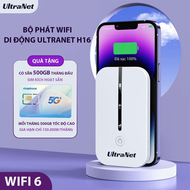 Bộ phát Wifi di động UltraNet H16 tặng kèm SIM 500GB/tháng, Wifi 6, pin 2100mAh, bảo hành 1 năm