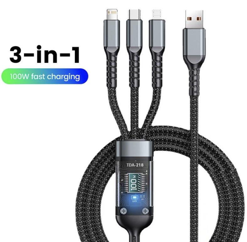 Kabel Data Fast Charging 3 In 1 100w Kabel Fast Charging Cable Lightning Type C USB Micro For iPhone 15 Samsung Xiaomi OPPO VIVO Pilot Lamp Digital Screen Charger USB C 6A Data Cables Aluminium