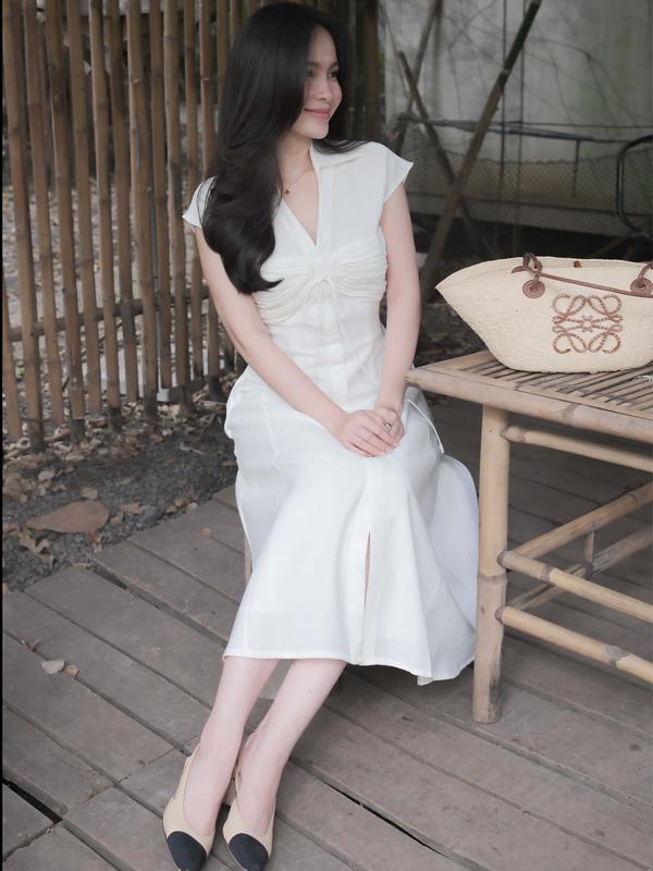  COEM | Đầm Midi Cổ V Sơmi Linen Tùng Xoè A nhẹ  | NGA DRESS TRẮNG CREAM 