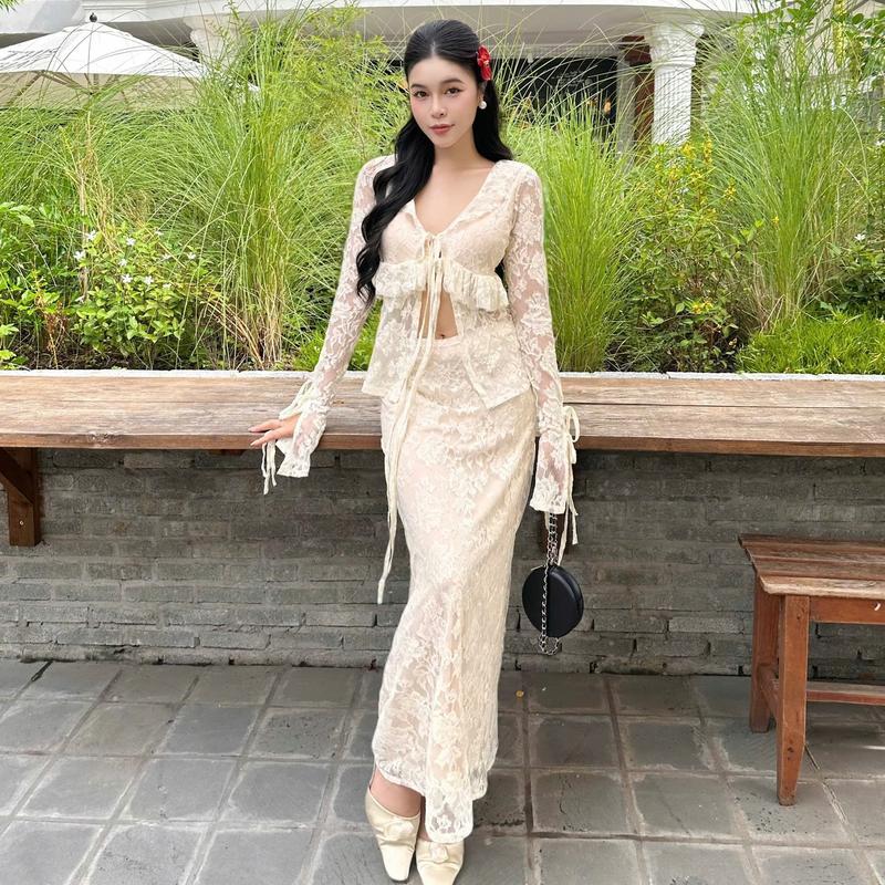 P194 - Set áo ren kem tay dài cột dây phối chân váy đuôi cá quyến rũ tôn dáng đi chơi đi tiệc