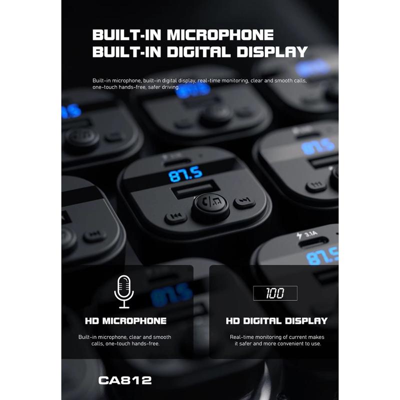 LENYES Car Charger FM Transmitter CA812 Bluetooth 5.3 Modulator Adaptor Mobil Dual Port USB + Type C With Mic 5