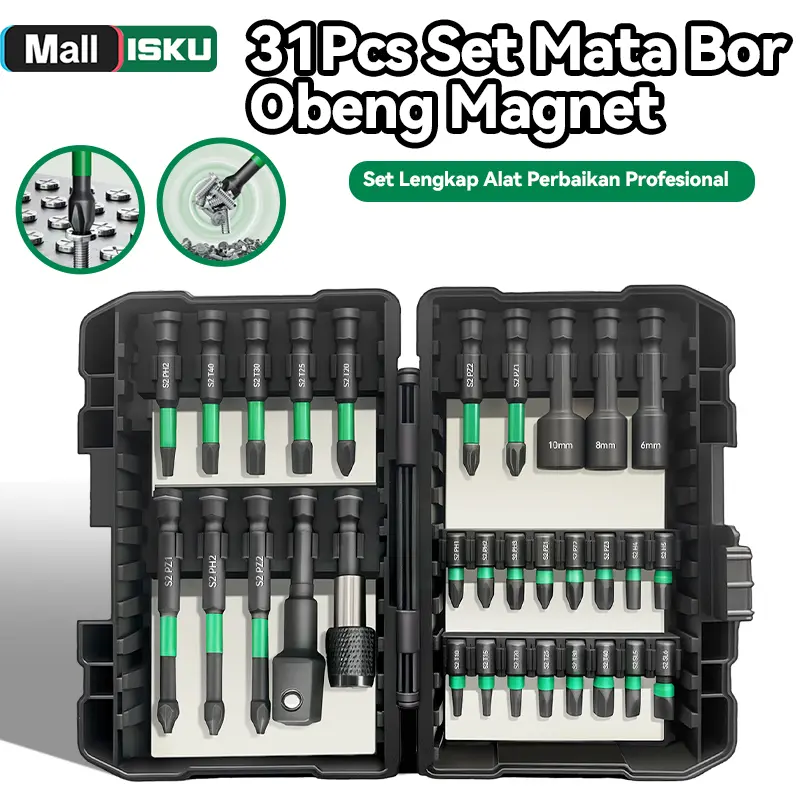 BESTSELLER ISKU 31Pcs Set Mata Bor & Obeng Magnet - Alat Perbaikan Professional Lengkap untuk Tukang Teknisi dan DIY | Suku Cadang Berkualitas | Set Perkakas Multifungsi | Peralatan Reparasi Rumah & Bengkel | SKU Terbaru | Gratis Ongkir Adaptor Baja