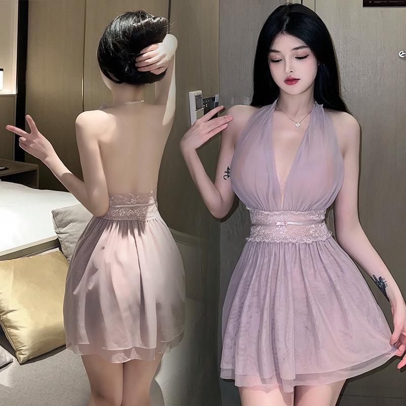Váy Lưới Hai Lớp, Hàng Mới Về Cho Mùa Xuân Và Mùa Hè, Hở Lưng Chữ V Sâu, Đường Viền Cổ Gợi Cảm, Váy Ngủ, Đồ Ngủ Mặc Nhà Đồ Lót, Đầm Mini Cổ Chữ V, Phong Cách Gợi Cảm Và Thanh Lịch, Ngọt Ngào Và Dễ Thương, Phong Cách Hàn Quốc 3