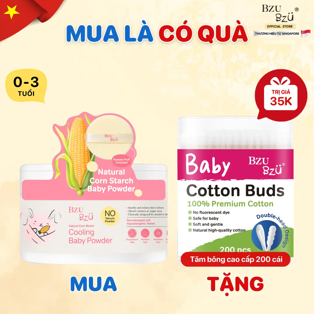 Phấn Rôm Tinh Bột Ngô Em Bé Mát Dịu BZU BZU Baby Cooling Powder Thành Phần Thiên Nhiên An Toàn Dành Cho Da Nhạy Cảm 140g Cho Bé