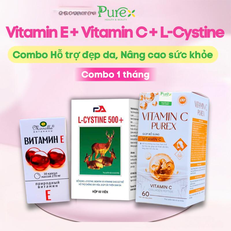 Combo Đẹp Da Nội Tiết Vitamin E đỏ nga 270mg + L cystine + Vitamin C Purex hộp 60 viên uống trong 1 tháng