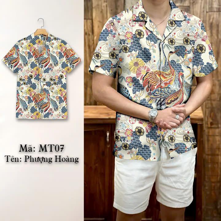 Áo Sơ Mi Lụa Thái họa tiết Phượng  Hoàng, áo sơ mi Cuban Vải Lụa Thái Siêu Mịn Nam Cổ Cuban Menswear Shirt MT07