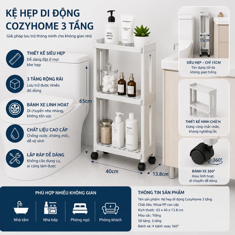 Kệ Hẹp Di Động CozyHome 3 Tầng Có Bánh Xe – Kệ Nhựa Đa Năng Nhà Tắm Nhà Bếp