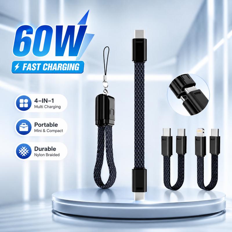 Cáp ngắn Type C kép, PD60W, với móc chìa khóa và Dây buộc Sạc nhanh, Vỏ kim loại, Bện Type C kép, Tương thích với iPhone và Samsung, Redmi và real me, Cáp sạc nhanh