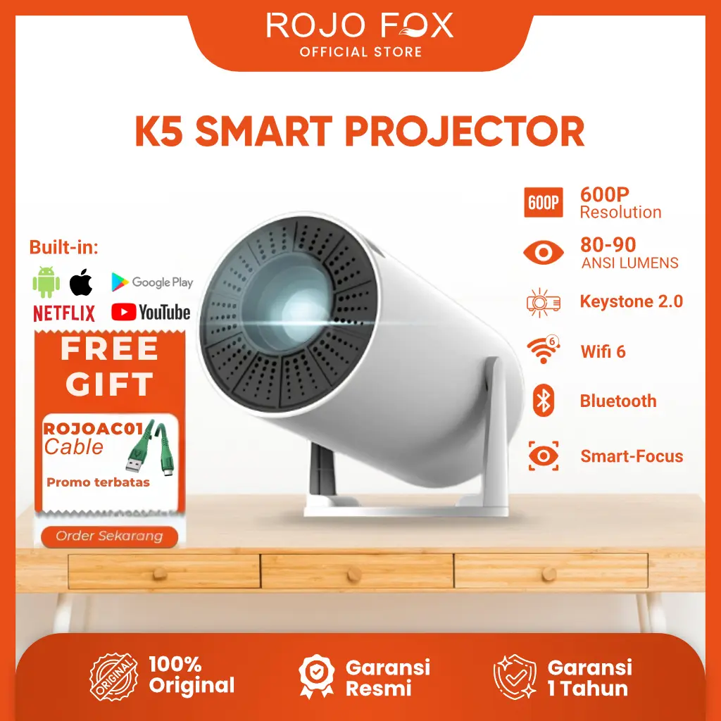 ROJO FOX Mini Portable Projector HP K5 - Postel Certified, Android Smart Projector with Bluetooth & WiFi, 600P LCD, 90 ANSI Lumens, HD 1080P Support, Home Theater for Gaming & Movies, Indoor & Outdoor Use Proyektor