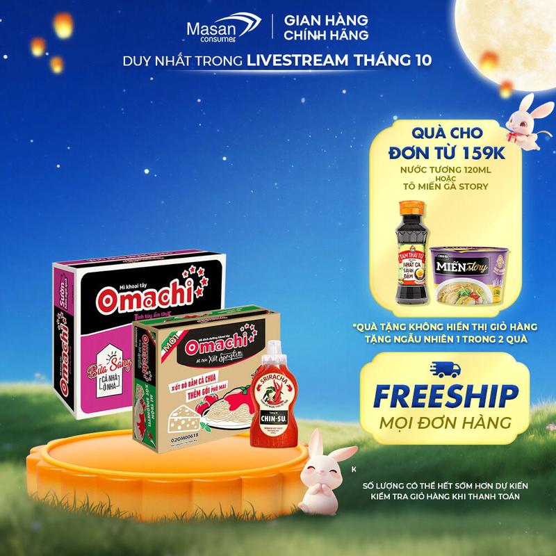 Combo 1 Thùng Mì dinh dưỡng khoai tây Omachi mì trộn xốt Spaghetti + 1 Thùng Mì dinh dưỡng khoai tây Omachi sườn hầm ngũ quả x 80gr + 1 tương ớt sriracha 250gr