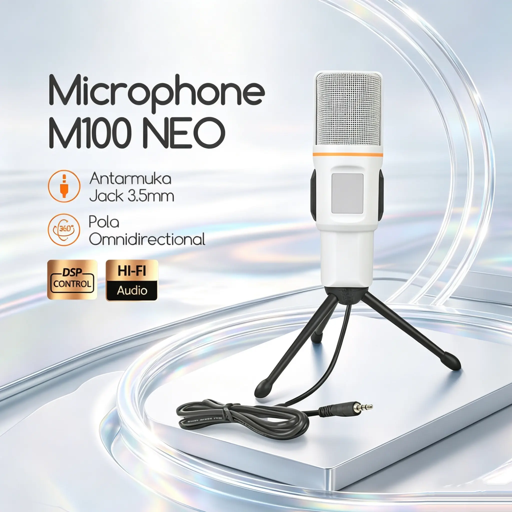 Bonkyo Mikrofon M100 NEO Omnidirectional 3.5mm DSP Hi-Fi Audio untuk Live Stream Podcast Rekaman Vokal Jernih Bluetooth dengan Tripod Bawaan dan Kualitas Suara Profesional Mic Wireless