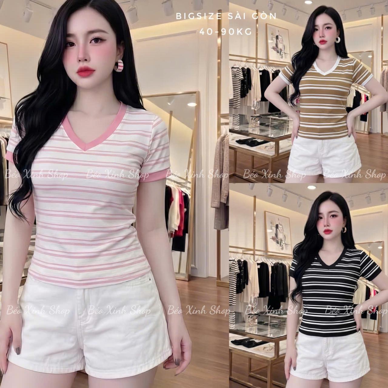 Thời Trang Bigsize Áo Thun Tay Ngắn Phối Cổ Tim Cao Cấp Thanh Lịch Vải Thun Cotton Sọc Đôi Mềm Mát Bigsize Từ 45 - 90Kg Dễ Thương Top Nữ Women - B.1815