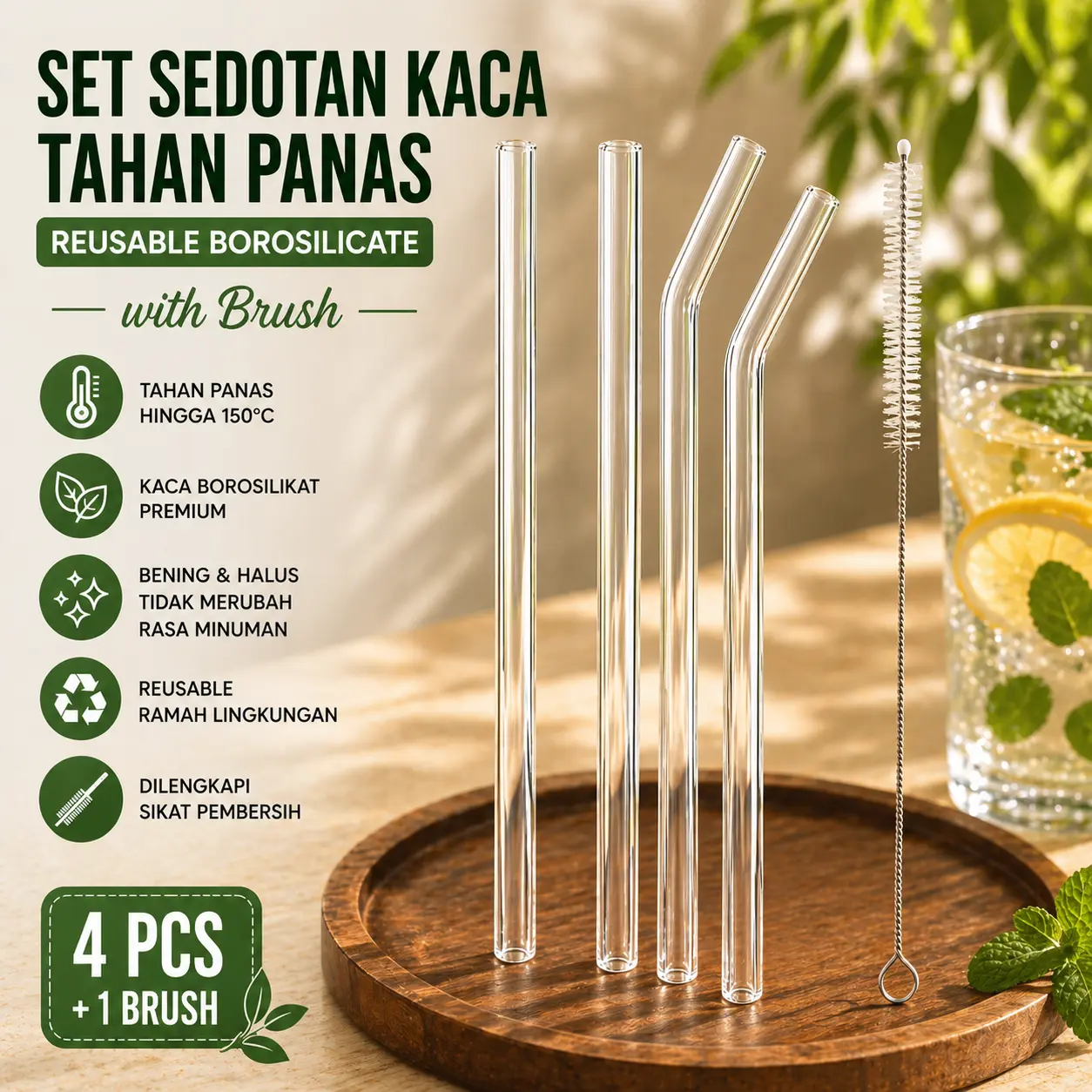 Set Sedotan Kaca Bening 4 Pcs Glass Straw Boba Sedotan Food Grade Reusable Estetik Dengan Sikat