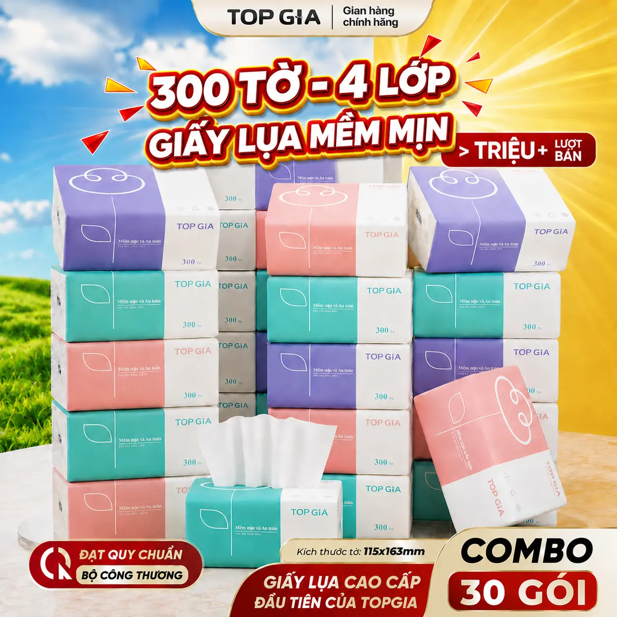 [300 TỜ/4 LỚP - GIẤY LỤA MỀM MỊN] Thùng 30 Gói Giấy 3 Màu TOPGIA - ĐANH DAI , MỀM MỊN NHƯ LỤA , 300 TỜ x 4 LỚP chính hãng - Giấy rút để bàn 4 lớp mềm mại - giấy ăn cao cấp Đạt Chuẩn Bộ Công Thương Top Gia Hà Nội VTG38