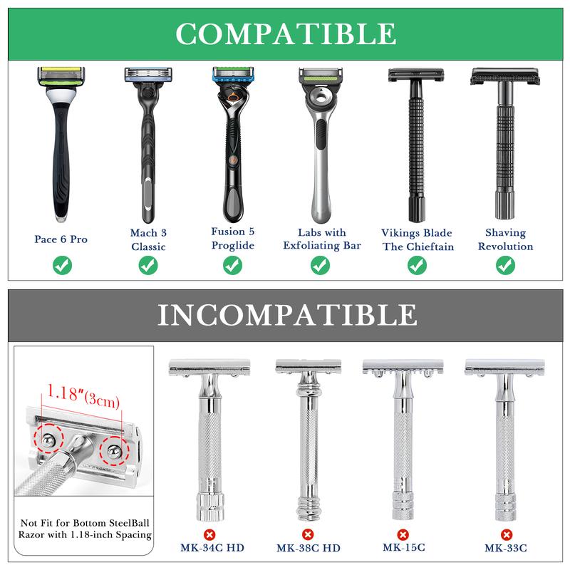 Product Introduction of Stainless Steel Safety Razor Stand, Shaving Razor Holder, Deluxe Men's Travel Shaver Stand, Compatible with Long Handle Safety Razor, Fusion 5, ProShield, Mach 3 (Silver/Polished Chrome) 8