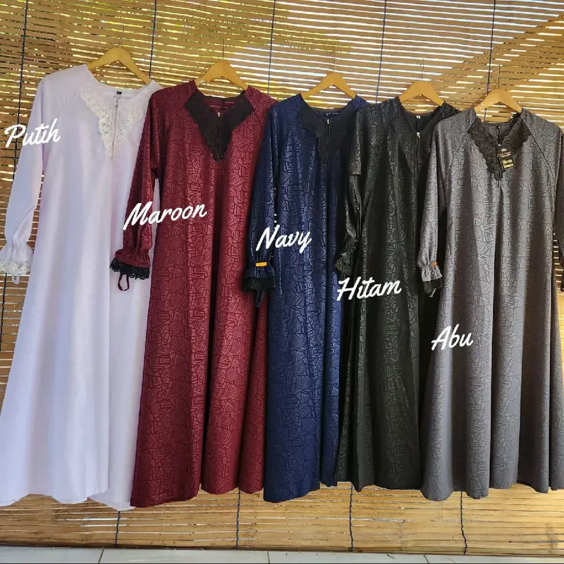 abaya embos motif daun Gamis Wanita Wolfis Muslim Renda Tangan 1