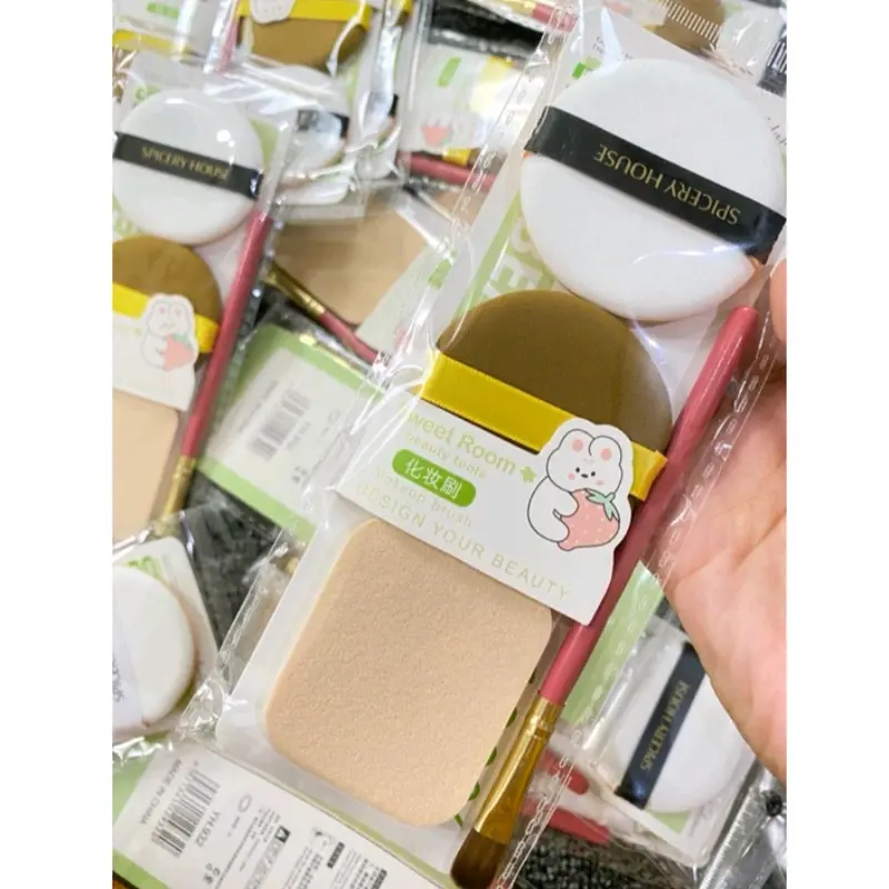 Sponge Bedak Isi 3 pcs+ Brush Set Beauty Tools Spons Cushion 4in1 6