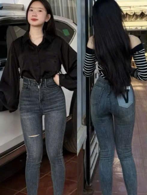 YẾN LINH SHOP BigSize Mã D021 :45-72kg Quần Jeans Nữ Ôm Lưng Cao 1 Nút Màu Dơ Trơn Thêu Túi Chữ V Trái Rách Đùi Co Giãn Mềm Mịn Size 27-32 Siêu Hắc Dáng Basic Sang Chảnh