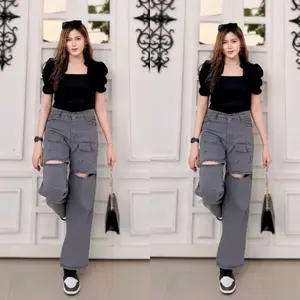Cut Off Pants / Cargo Pants Wanita / Cargo Jeans Jumbo / Celana Cargo Jeans Sobek Big Size 27-42 Panjang Hitam Loose Waist High