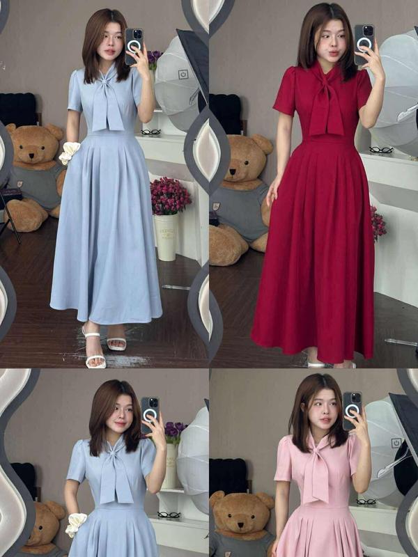 T206 (CHẤT TRUNG BÌNH) Váy phối cổ cà vạt chiết eo thanh lịch