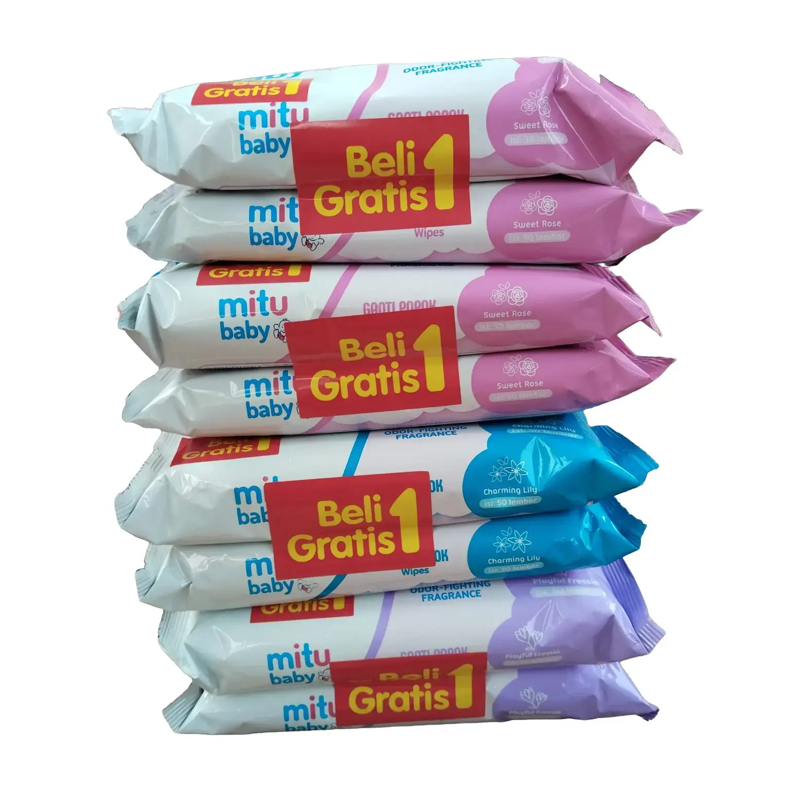 tisu basah & dudukan Paket 4 Pack Mitu Baby Tisu Basah Wipes 50's (8 Pcs) - Varian Pink, Ungu, dan Biru newborn khusus ganti popok bayi Tissue tanpa pewangi kulit normal Blue