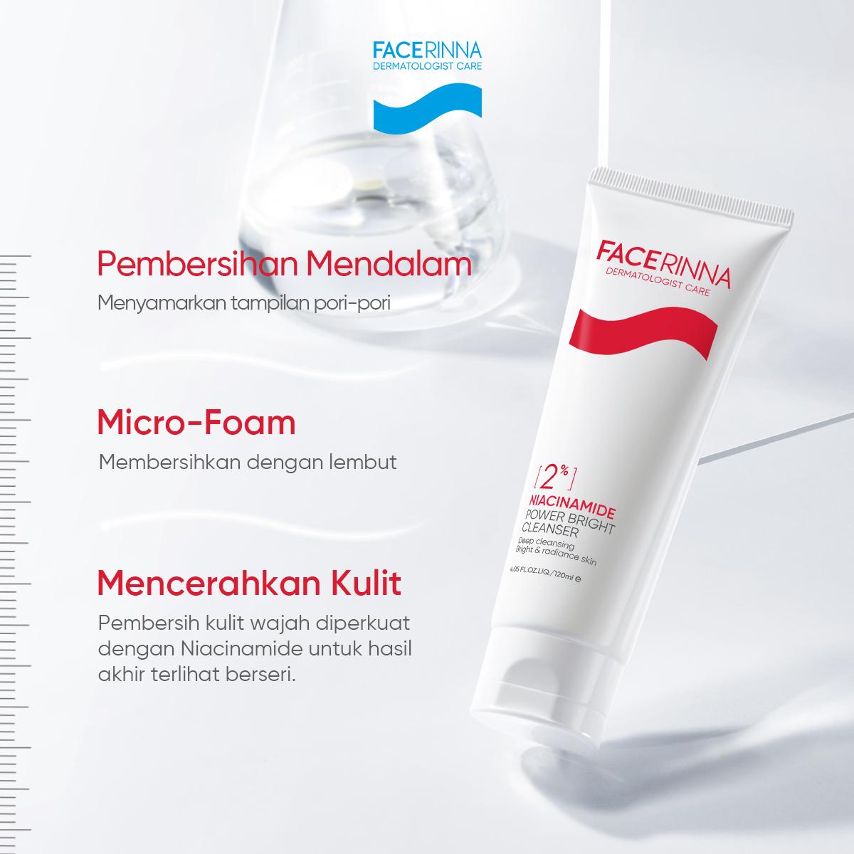 FACERINNA 2% Niacinamide Power Bright Cleanser 120ml | Sabun Cuci Muka Mencerahkan Wajah Melembabkan kelembaban | Sabun Muka Pembersih Wajah Facial Wash Brightening Skincare Face Wash Glowing, Anti-Acne, Exfoliating | Gentle Amino Formula