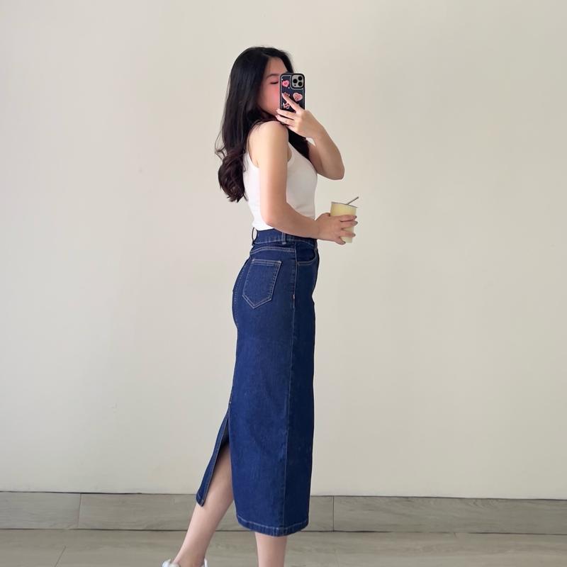 KLAVEE — JOAN DENIM SKIRT STRETCH / Rok Jeans Midi Wanita / High Waist Stretch Melar Korean Style 6