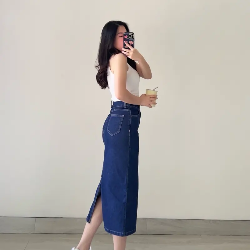 KLAVEE — JOAN DENIM SKIRT STRETCH / Rok Jeans Midi Wanita / High Waist Stretch Melar Korean Style 5