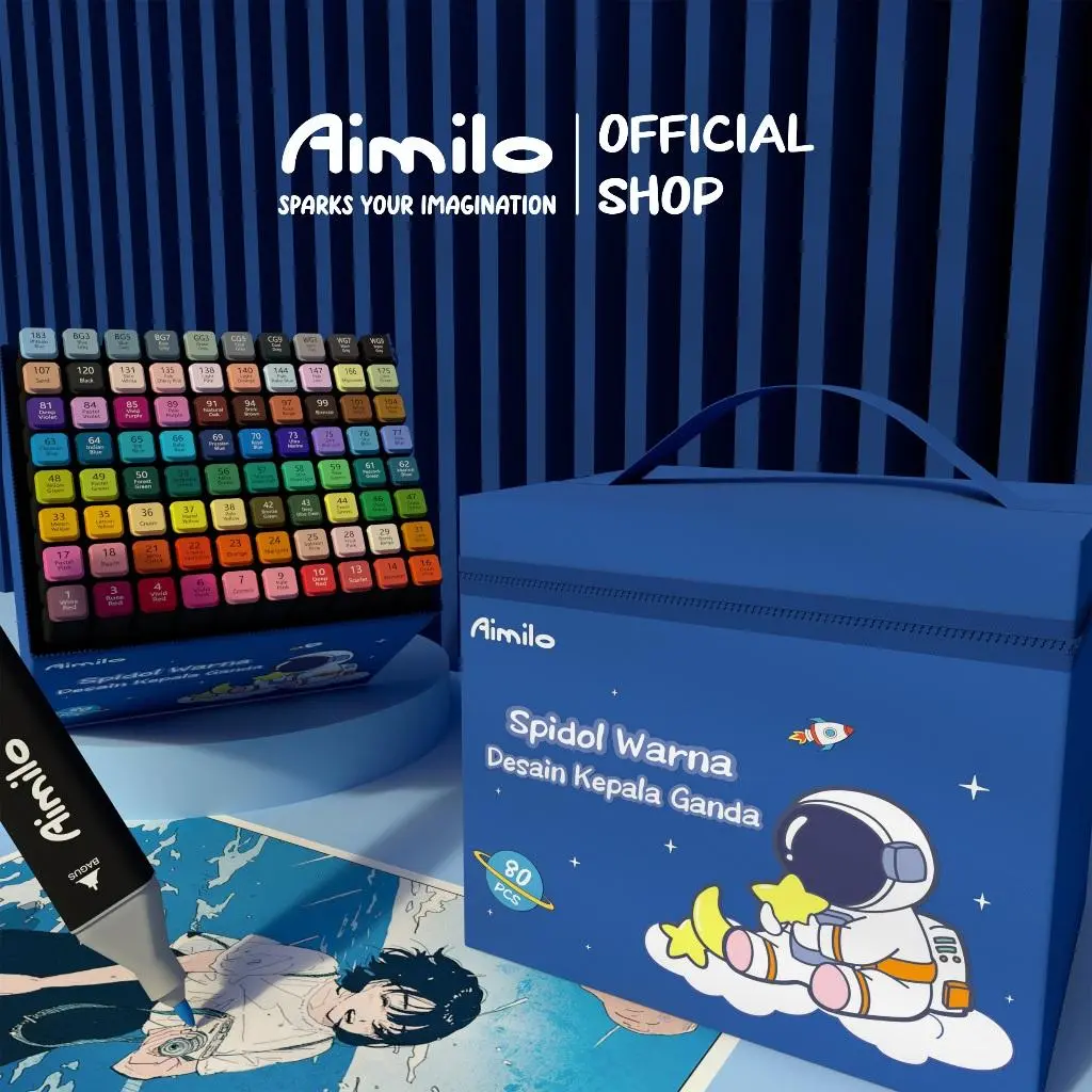 [READY] Aimilo Spidol Warna Warni 1 Set kemasan kartun Sketch Marker 2 Tip Touch Marker 48/60/80 Warna
