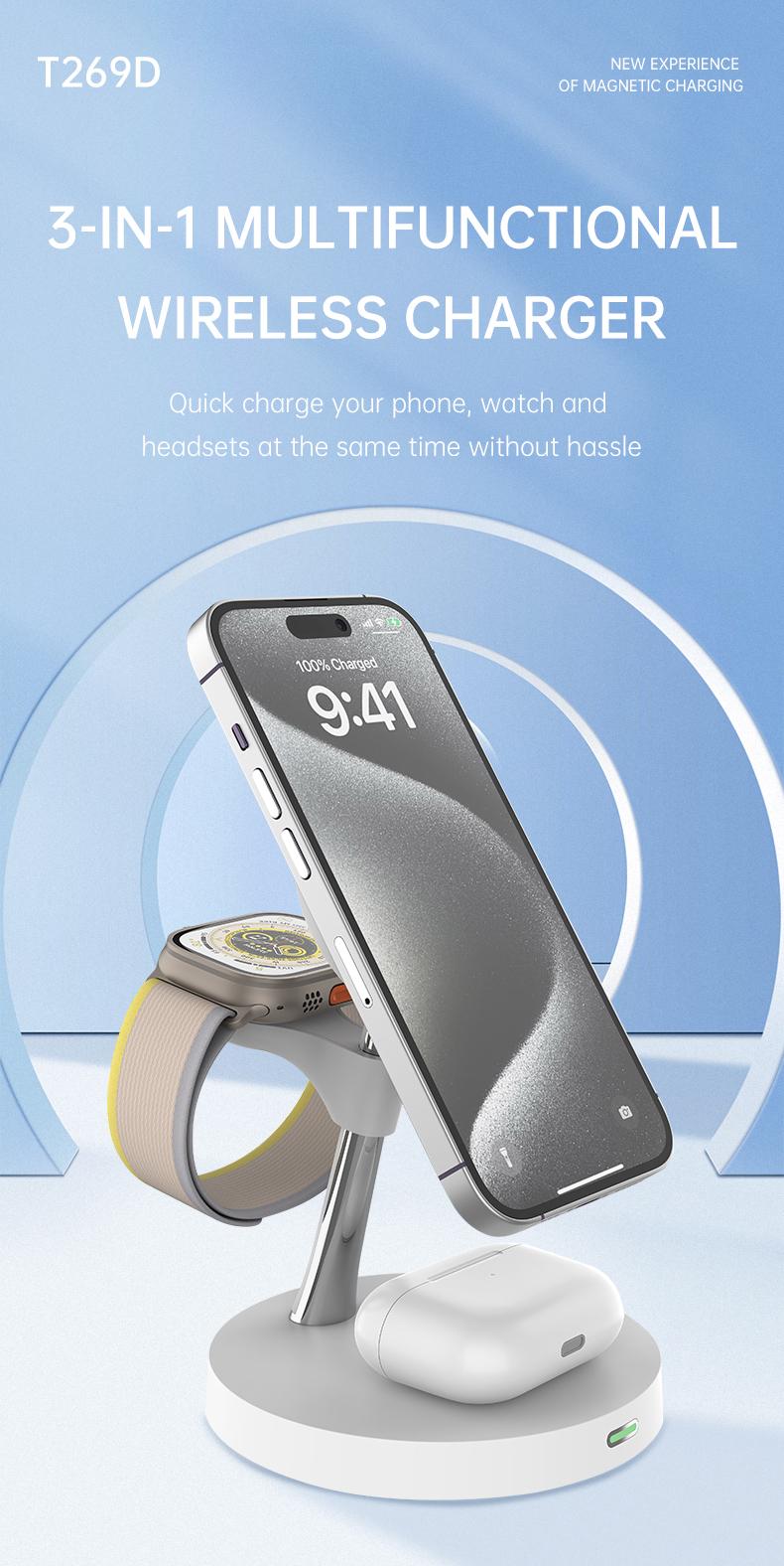 Product Introduction of Pengecas Wayarles Magnetik, 3 dalam 1, Stesen Pengecasan Pantas, Untuk iPhone 16, 15, 14, 13, 12, Jam Tangan Apple 10/9/8 / 7 / 6 / 5 / 4, Airpods 2 / 3 Pro, Serasi dengan Jam Tangan Galaxy Samsung 0