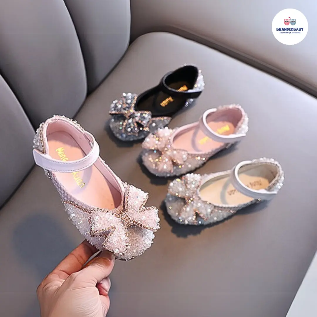 [Brandedbaby] 21-36 Sepatu Pesta Anak Perempuan Crystalis  Sol Karet Anti Slip / Sepatu Flat Anak Perempuan Korean Fashion Feminine Premium Manik Pitaa Ivory Pink Hitam