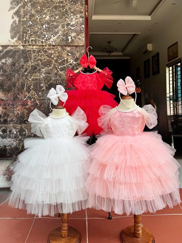 Váy trễ vai siêu tầng trắng đi tiệc cho bé gái