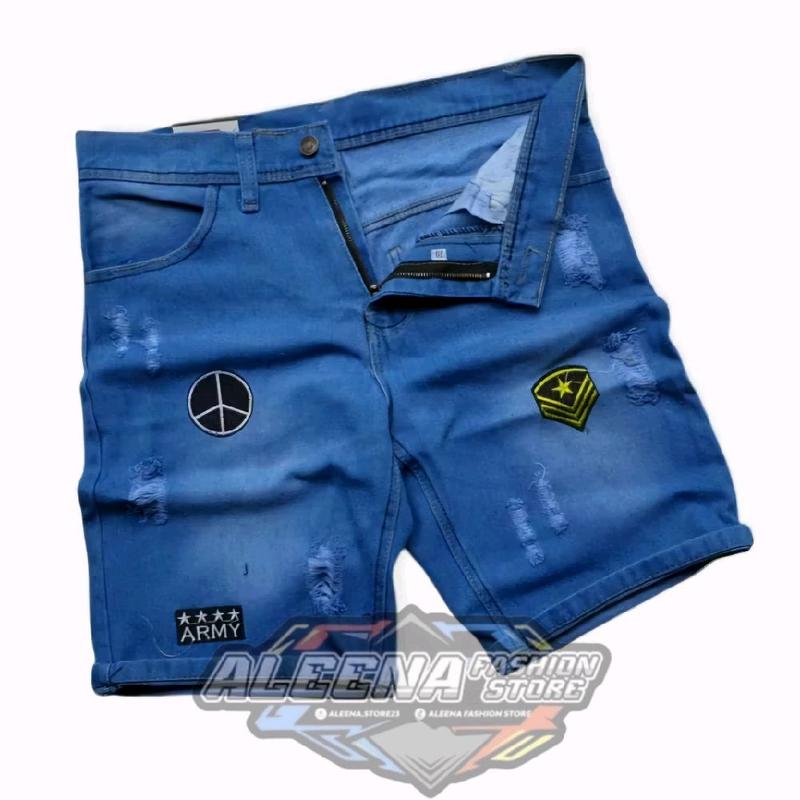 Celana Pendek Jeans Pria Model Sobek Emblem Bordil Size 27-38 Distro Skinny Denim Hitam Cowok Dewasa Biru 2