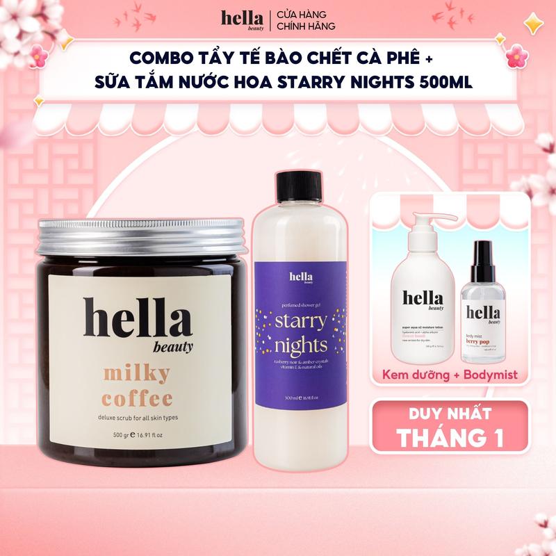 Combo Tẩy tế bào chết cho body Hella Beauty 500g + Sữa tắm dưỡng ẩm mịn sạch sâu cho da Hella Beauty